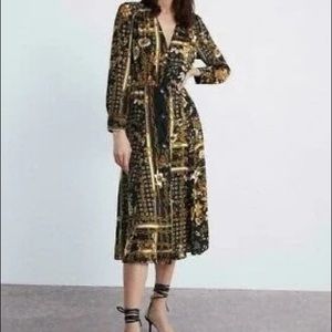 ZARA Black Gold Floral Chain Print Midi Dress